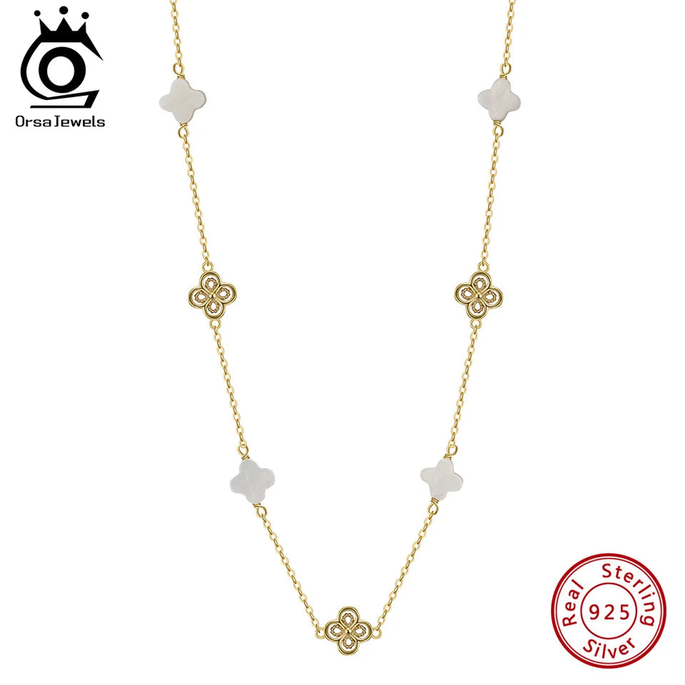 ORSA JEWELS New Women 925 Sterling Silver White Shell Chokers Chain Lucky Four Leaf Clover Necklace Fine Jewelry GMN60
