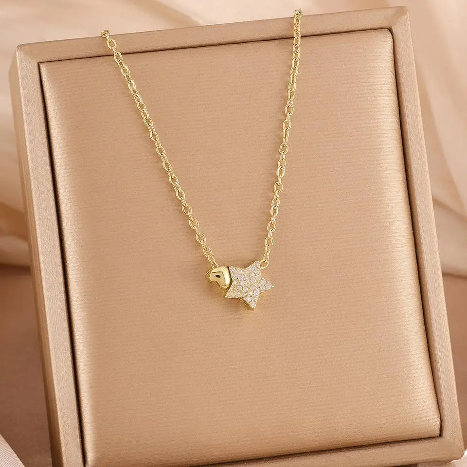 ZAKOL Sparkling Star Heart CZ Pendant Necklace Gold Color Clavicle Chain For Women Daily Wear Jewelry Gift