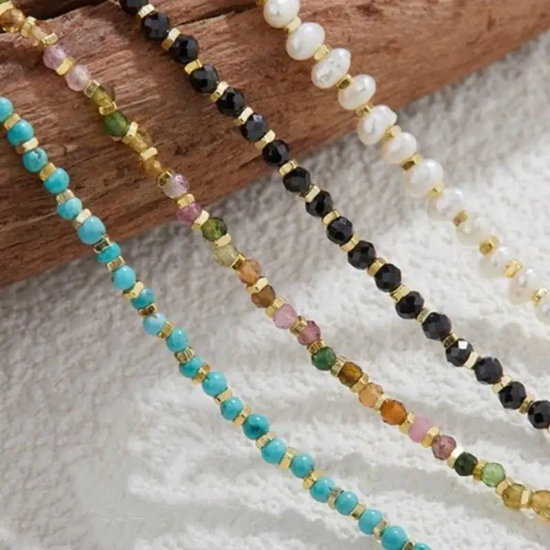 Colored Gemstone 925 Sterling Silver Beaded Strand Bracelet For Women Natural Pearl Turquoise Tourmaline Rosary Beads Bracelet