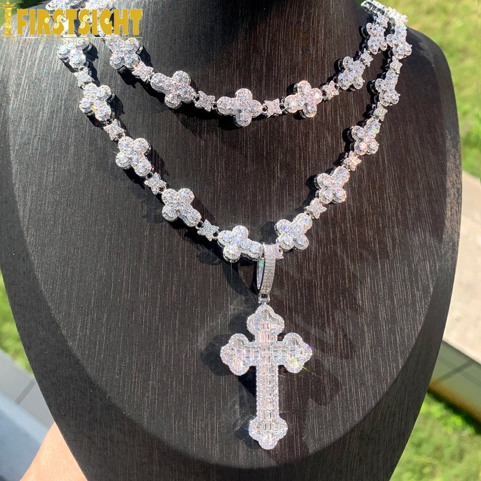 Iced Out Infinity Cross Necklace for Men Women Silver Color Prong Setting Cubic Zirconia Charm Star Link Chain Hip Hop Jewelry
