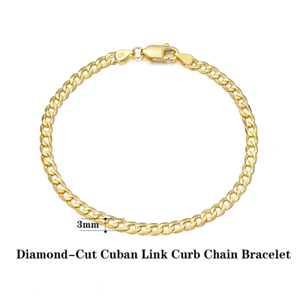 Rinntin 18K Gold Over 925 Sterling Silver 3mm/5mm Italian Diamond Cut Cuban Link Curb Chain Necklace for Women Men Jewelry SC60