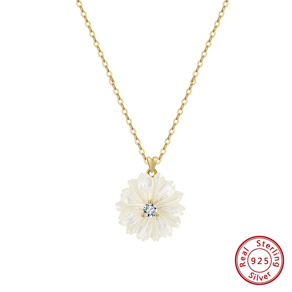 KISS MANDY Shell Flower Necklace 925 Sterling Silver Zirconia Charm Pendant Fashion Ladies Clavicle Chain Wedding Gifts SPSN15