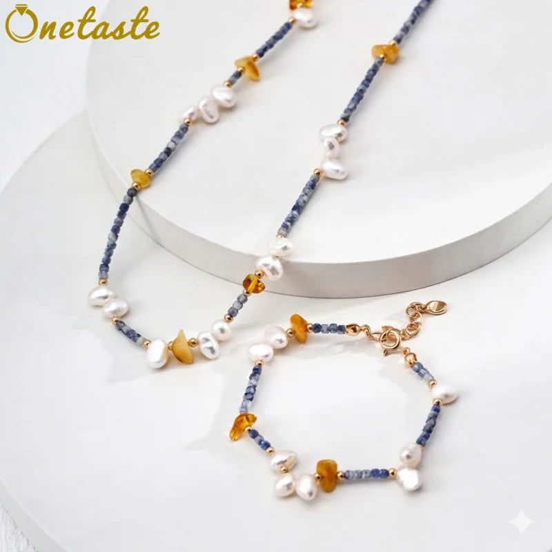 Amber Pearl Blue Stone 925 Silver Beaded Chain Jewelry Sets With Rosary Necklace And Bracelet For Women Dainty Trendy Party Gift