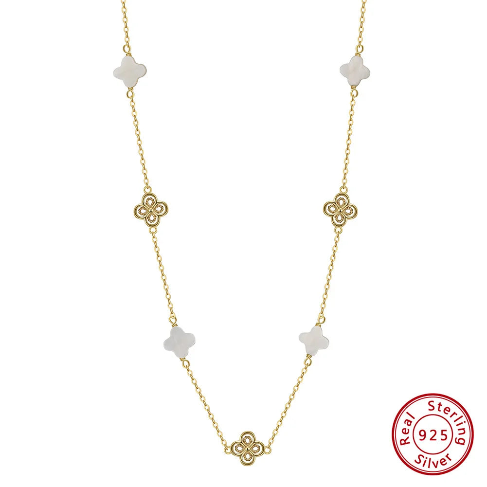 ORSA JEWELS New Women 925 Sterling Silver White Shell Chokers Chain Lucky Four Leaf Clover Necklace Fine Jewelry GMN60