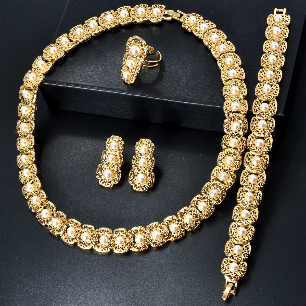 Italy Wedding Jewelry Sets For Bridal Gifts 18K Gold Plated Necklace Bracelets Earrings Rings Shiny Zircon Jewellery Set