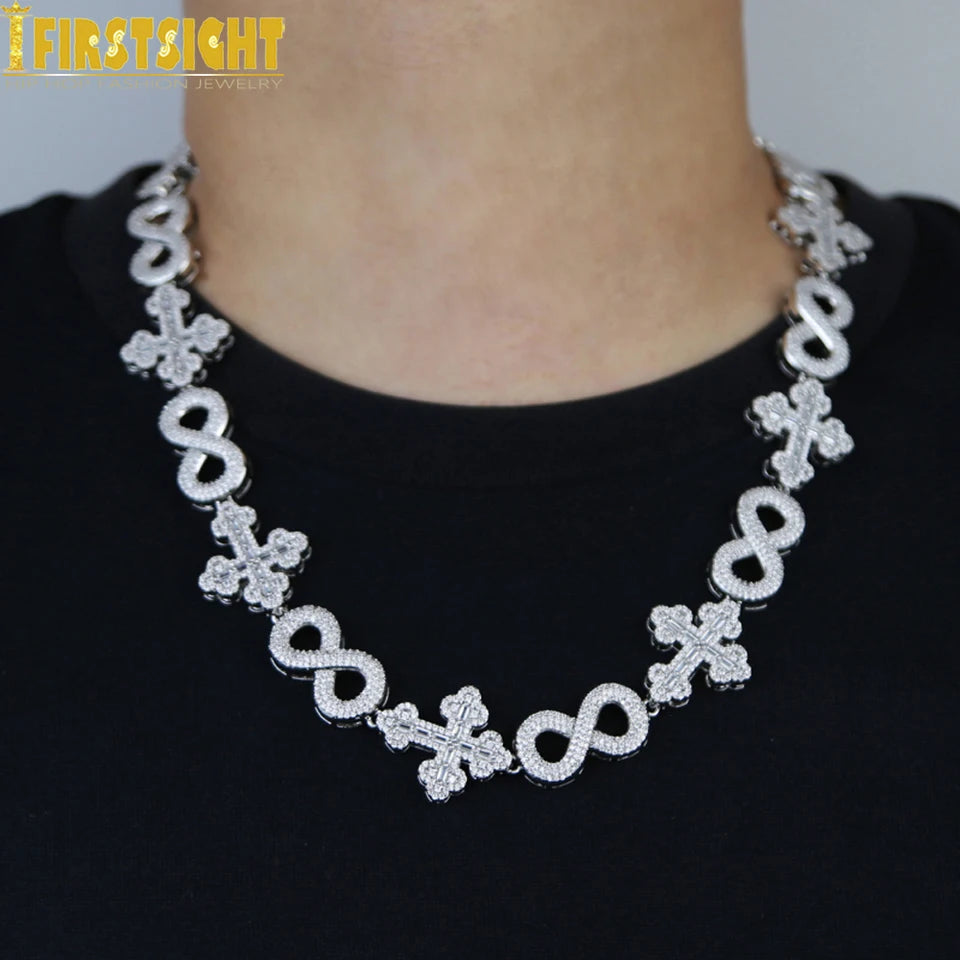 Iced Out Infinity Cross Necklace for Men Women Silver Color Prong Setting Cubic Zirconia Charm Star Link Chain Hip Hop Jewelry
