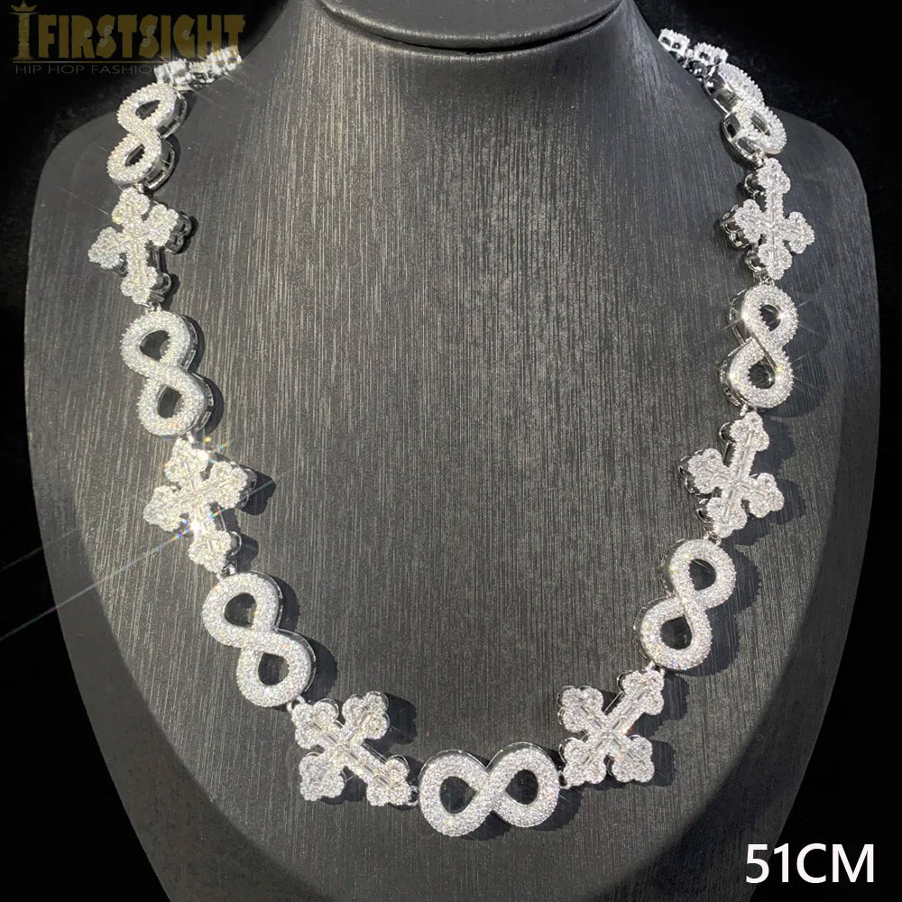 Iced Out Infinity Cross Necklace for Men Women Silver Color Prong Setting Cubic Zirconia Charm Star Link Chain Hip Hop Jewelry