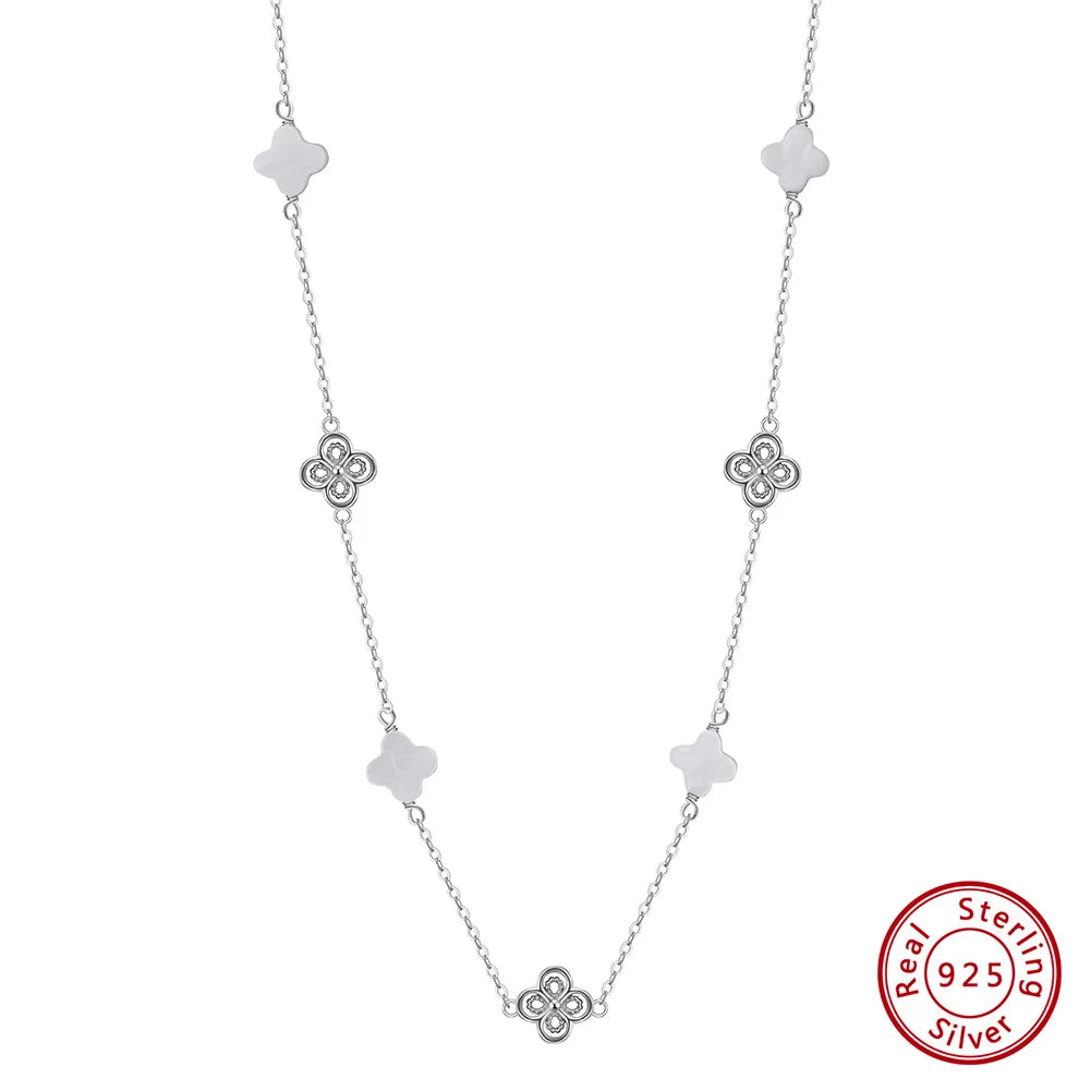 ORSA JEWELS New Women 925 Sterling Silver White Shell Chokers Chain Lucky Four Leaf Clover Necklace Fine Jewelry GMN60