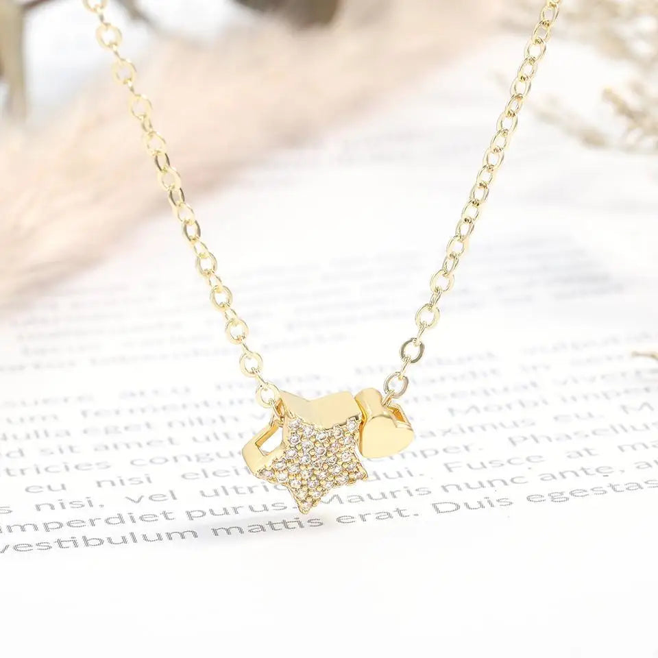 ZAKOL Sparkling Star Heart CZ Pendant Necklace Gold Color Clavicle Chain For Women Daily Wear Jewelry Gift