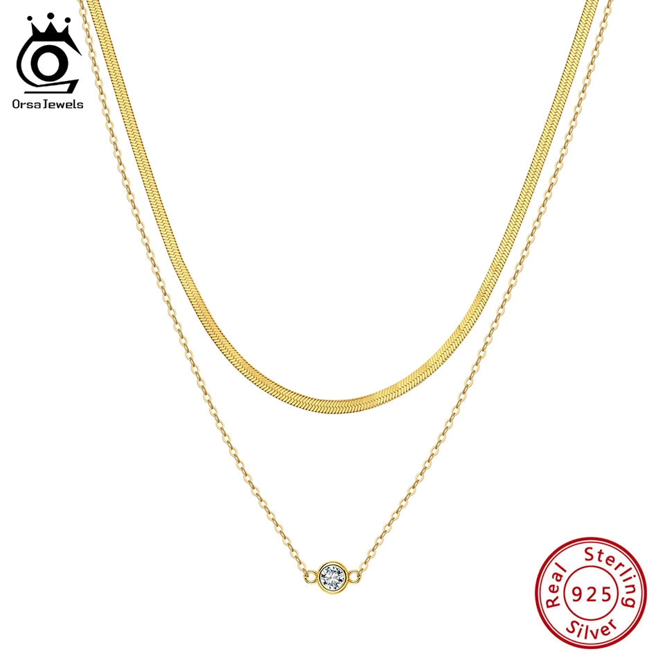 ORSA JEWELS 925 Sterling Silver Pendant CZ Y Shape Necklace Snake Chain Long Tassel Layered Clavicle Chain Party Jewelry BQN44