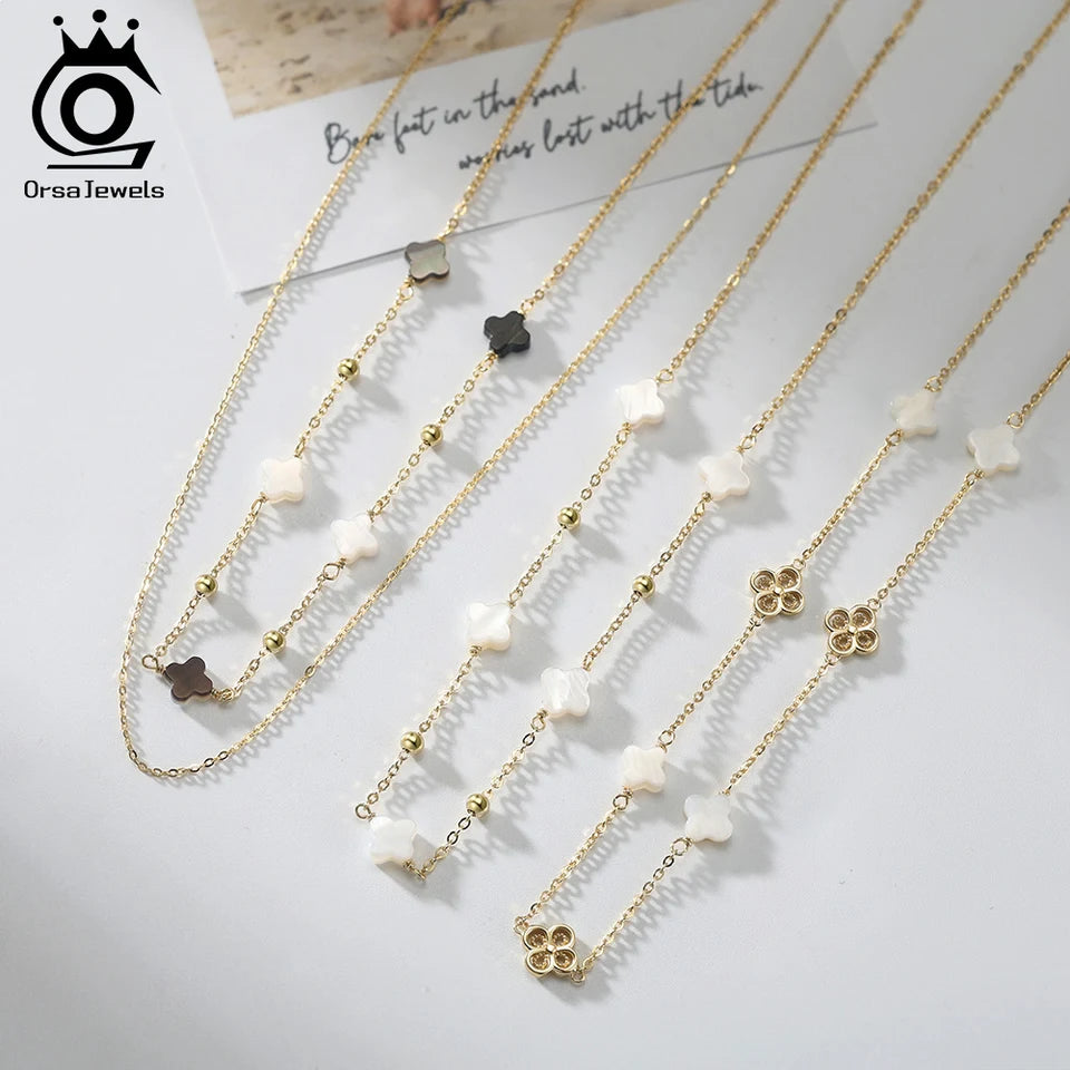 ORSA JEWELS New Women 925 Sterling Silver White Shell Chokers Chain Lucky Four Leaf Clover Necklace Fine Jewelry GMN60