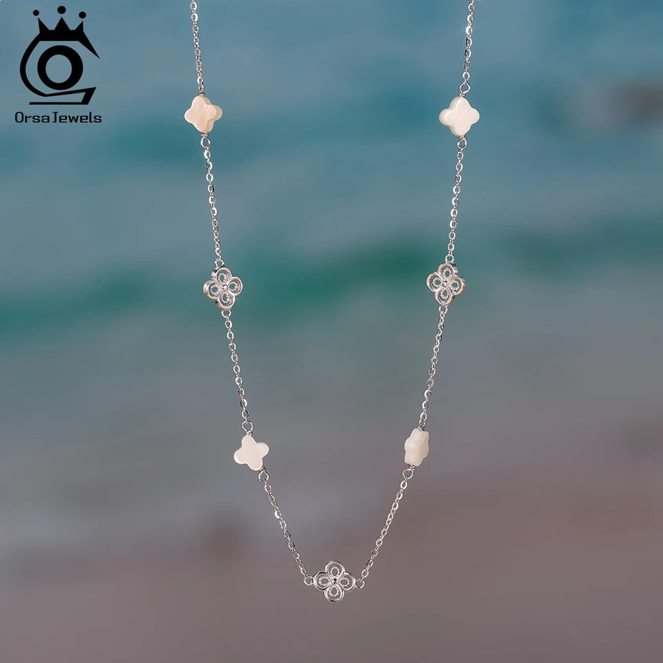 ORSA JEWELS New Women 925 Sterling Silver White Shell Chokers Chain Lucky Four Leaf Clover Necklace Fine Jewelry GMN60