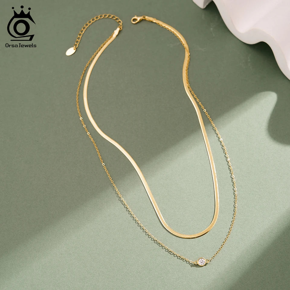 ORSA JEWELS 925 Sterling Silver Pendant CZ Y Shape Necklace Snake Chain Long Tassel Layered Clavicle Chain Party Jewelry BQN44