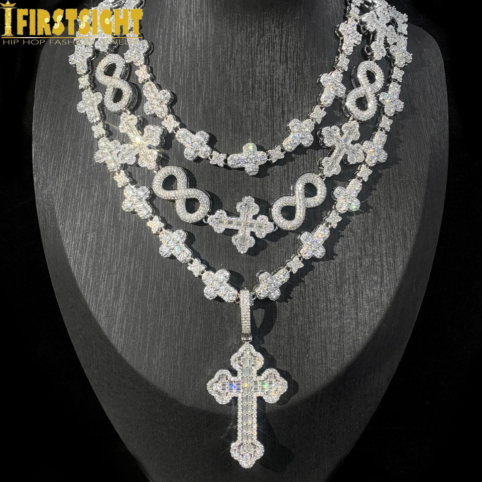 Iced Out Infinity Cross Necklace for Men Women Silver Color Prong Setting Cubic Zirconia Charm Star Link Chain Hip Hop Jewelry