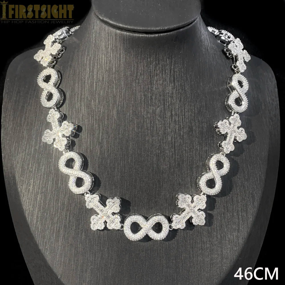Iced Out Infinity Cross Necklace for Men Women Silver Color Prong Setting Cubic Zirconia Charm Star Link Chain Hip Hop Jewelry