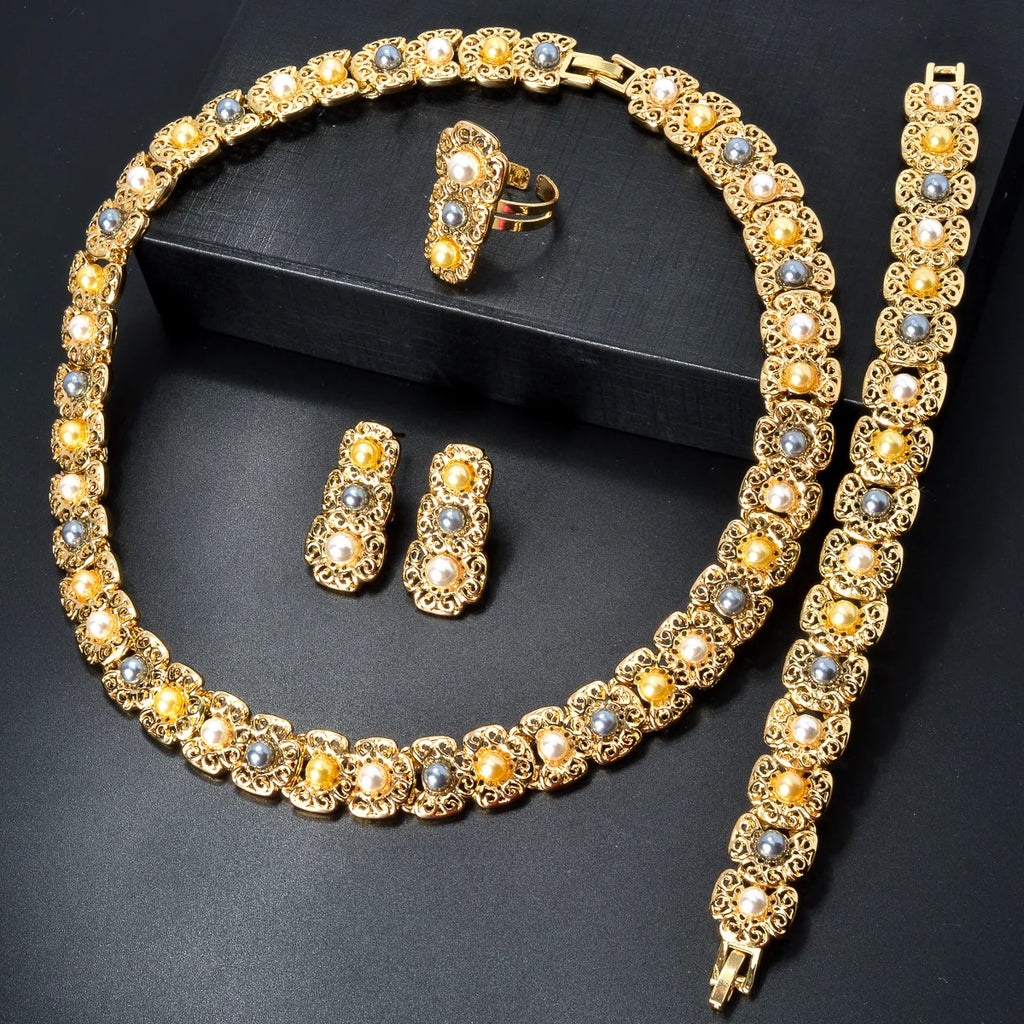 Italy Wedding Jewelry Sets For Bridal Gifts 18K Gold Plated Necklace Bracelets Earrings Rings Shiny Zircon Jewellery Set