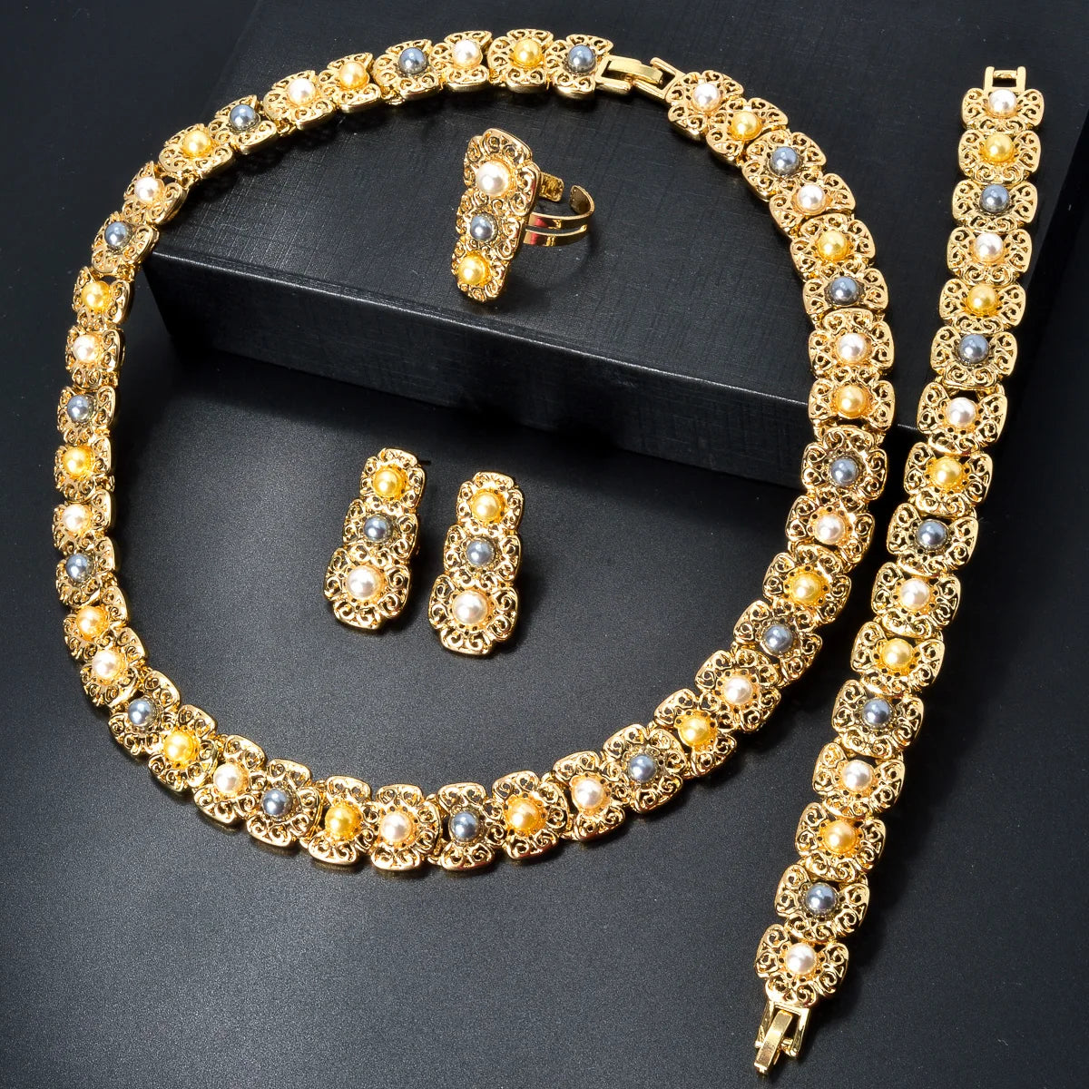 Italy Wedding Jewelry Sets For Bridal Gifts 18K Gold Plated Necklace Bracelets Earrings Rings Shiny Zircon Jewellery Set