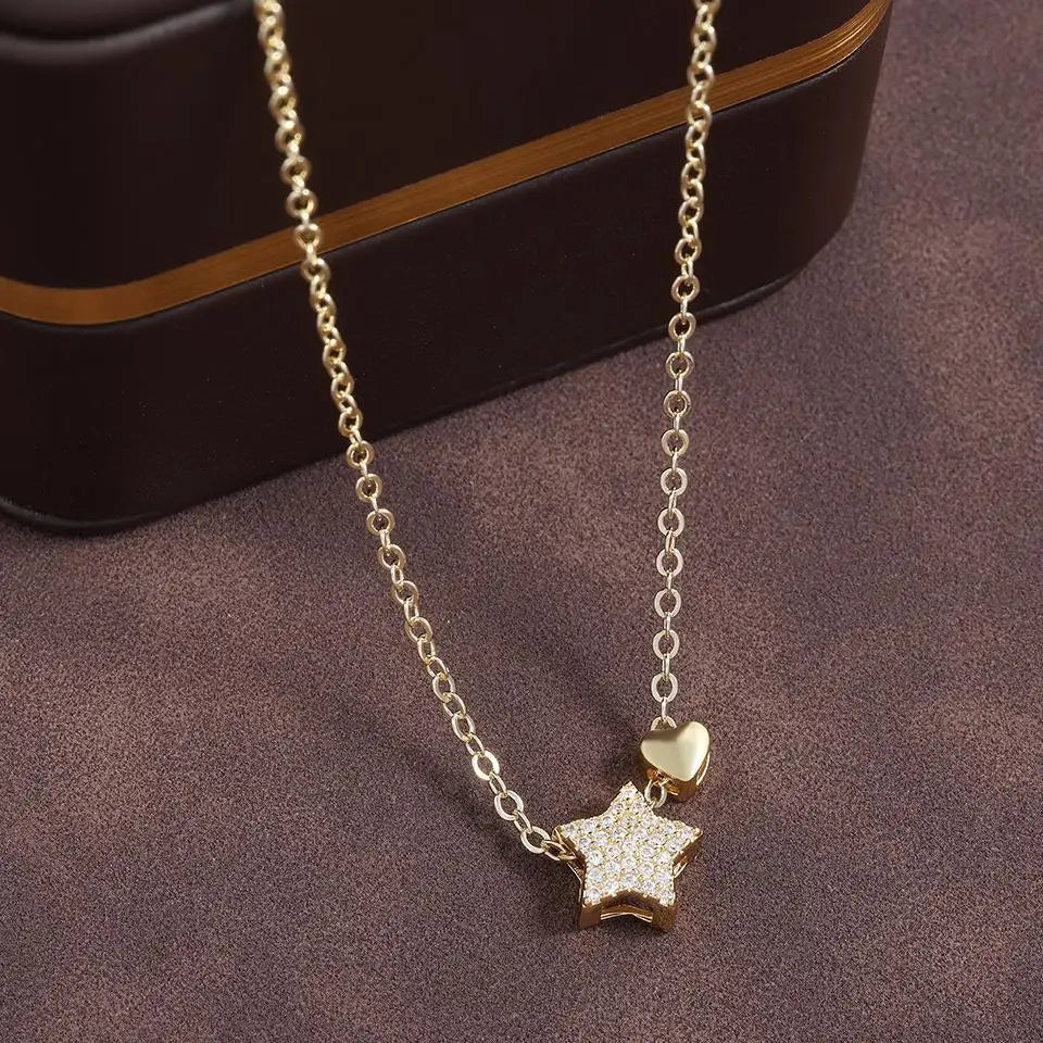 ZAKOL Sparkling Star Heart CZ Pendant Necklace Gold Color Clavicle Chain For Women Daily Wear Jewelry Gift