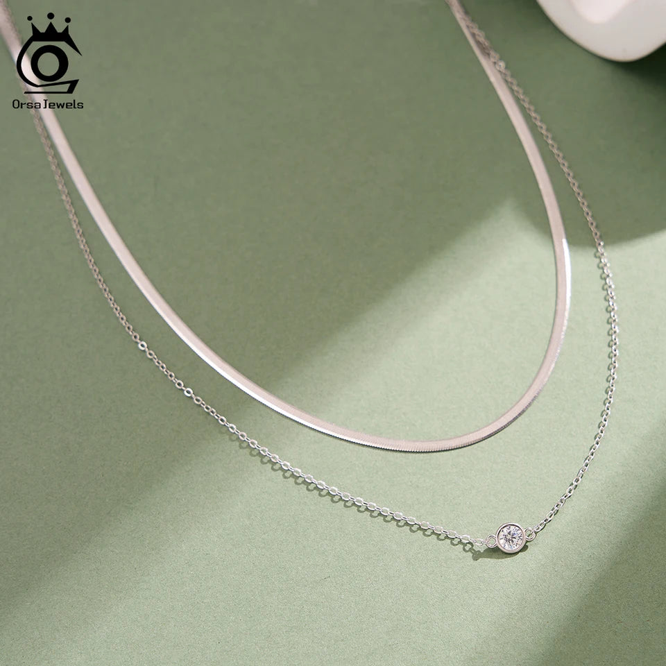 ORSA JEWELS 925 Sterling Silver Pendant CZ Y Shape Necklace Snake Chain Long Tassel Layered Clavicle Chain Party Jewelry BQN44