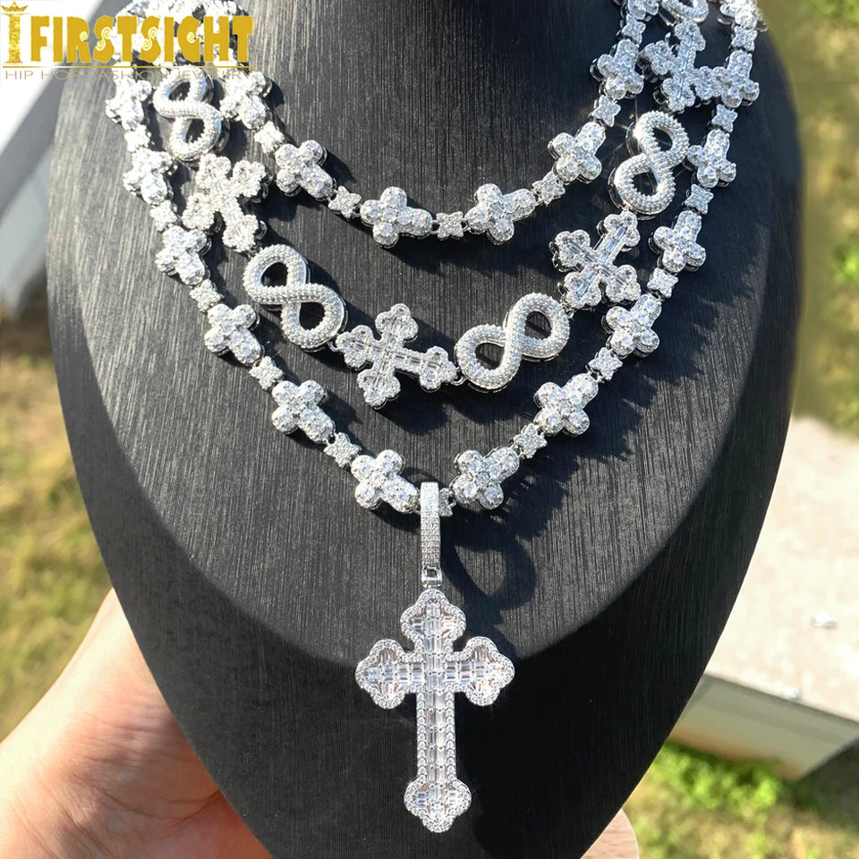 Iced Out Infinity Cross Necklace for Men Women Silver Color Prong Setting Cubic Zirconia Charm Star Link Chain Hip Hop Jewelry