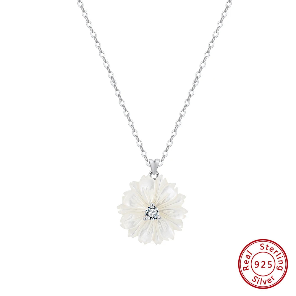 KISS MANDY Shell Flower Necklace 925 Sterling Silver Zirconia Charm Pendant Fashion Ladies Clavicle Chain Wedding Gifts SPSN15