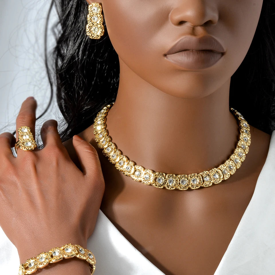 Italy Wedding Jewelry Sets For Bridal Gifts 18K Gold Plated Necklace Bracelets Earrings Rings Shiny Zircon Jewellery Set