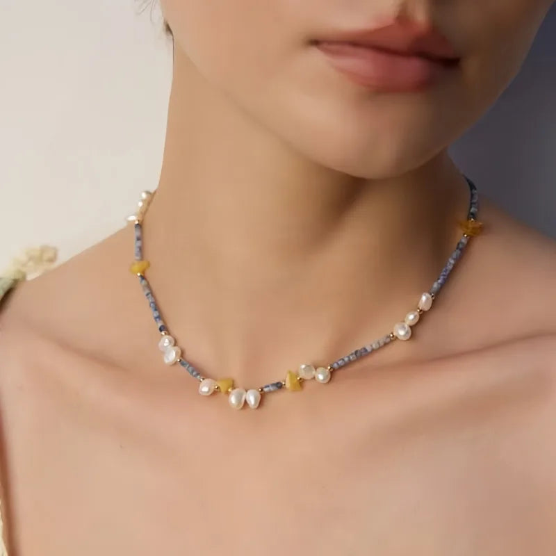 Amber Pearl Blue Stone 925 Silver Beaded Chain Jewelry Sets With Rosary Necklace And Bracelet For Women Dainty Trendy Party Gift