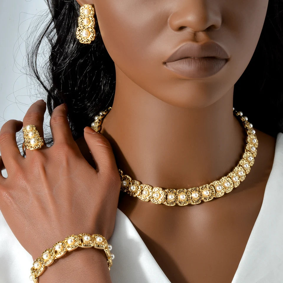 Italy Wedding Jewelry Sets For Bridal Gifts 18K Gold Plated Necklace Bracelets Earrings Rings Shiny Zircon Jewellery Set