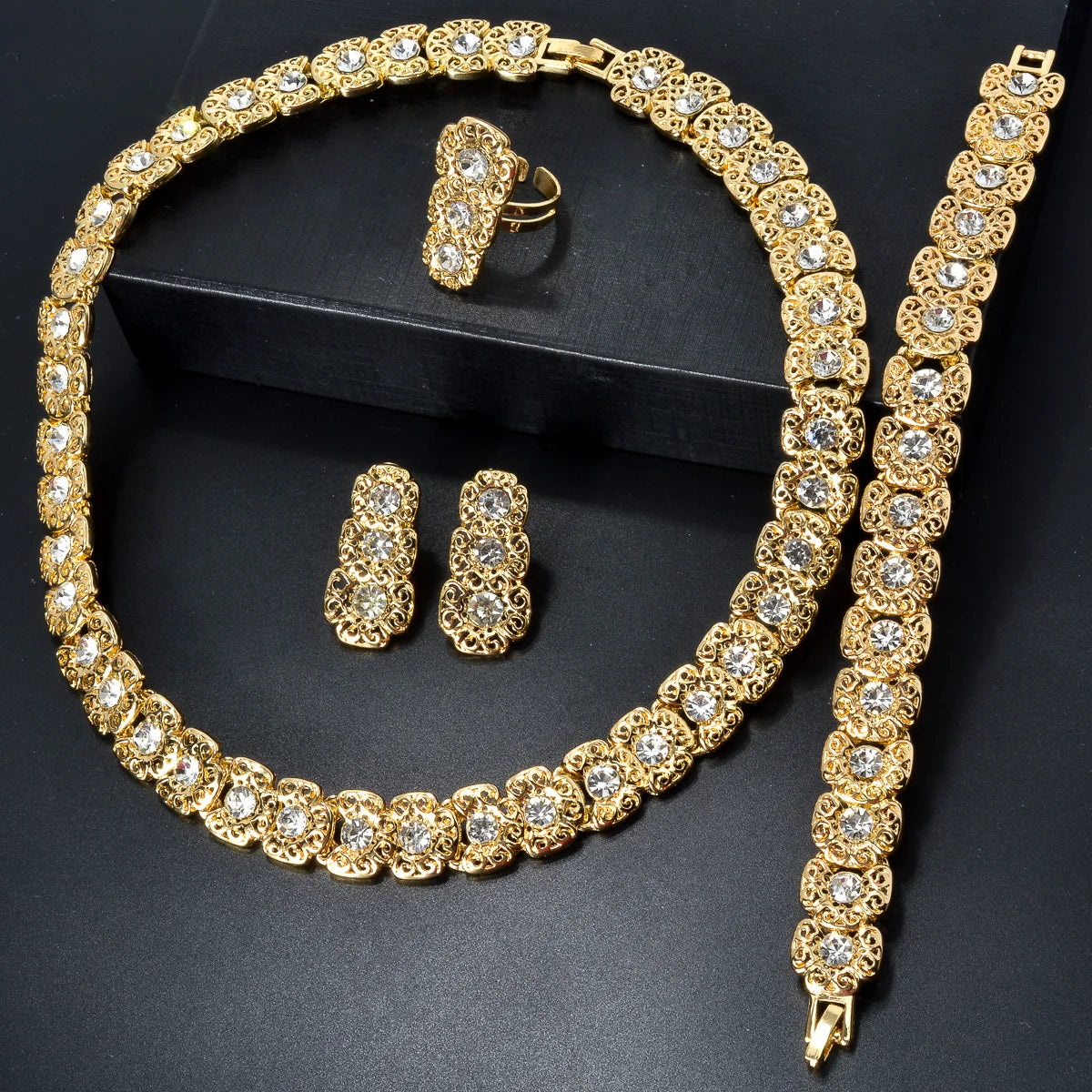 Italy Wedding Jewelry Sets For Bridal Gifts 18K Gold Plated Necklace Bracelets Earrings Rings Shiny Zircon Jewellery Set