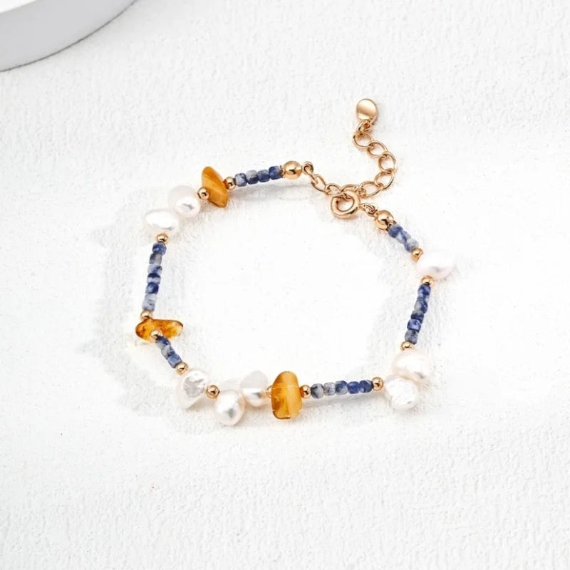 Amber Pearl Blue Stone 925 Silver Beaded Chain Jewelry Sets With Rosary Necklace And Bracelet For Women Dainty Trendy Party Gift