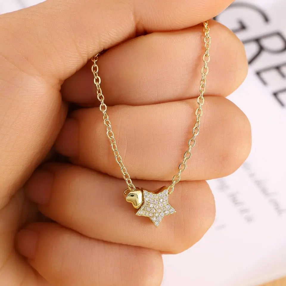 ZAKOL Sparkling Star Heart CZ Pendant Necklace Gold Color Clavicle Chain For Women Daily Wear Jewelry Gift