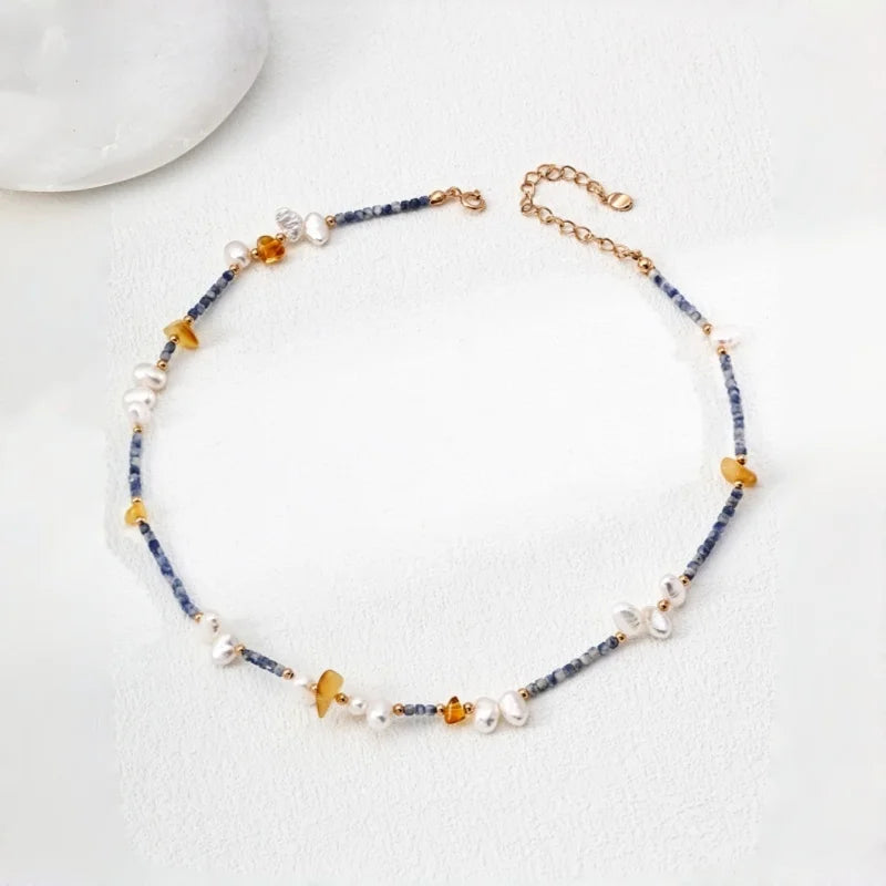 Amber Pearl Blue Stone 925 Silver Beaded Chain Jewelry Sets With Rosary Necklace And Bracelet For Women Dainty Trendy Party Gift