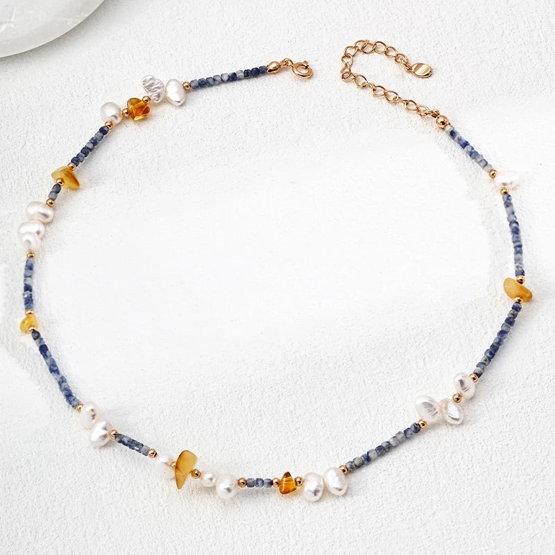 Amber Pearl Blue Stone 925 Silver Beaded Chain Jewelry Sets With Rosary Necklace And Bracelet For Women Dainty Trendy Party Gift