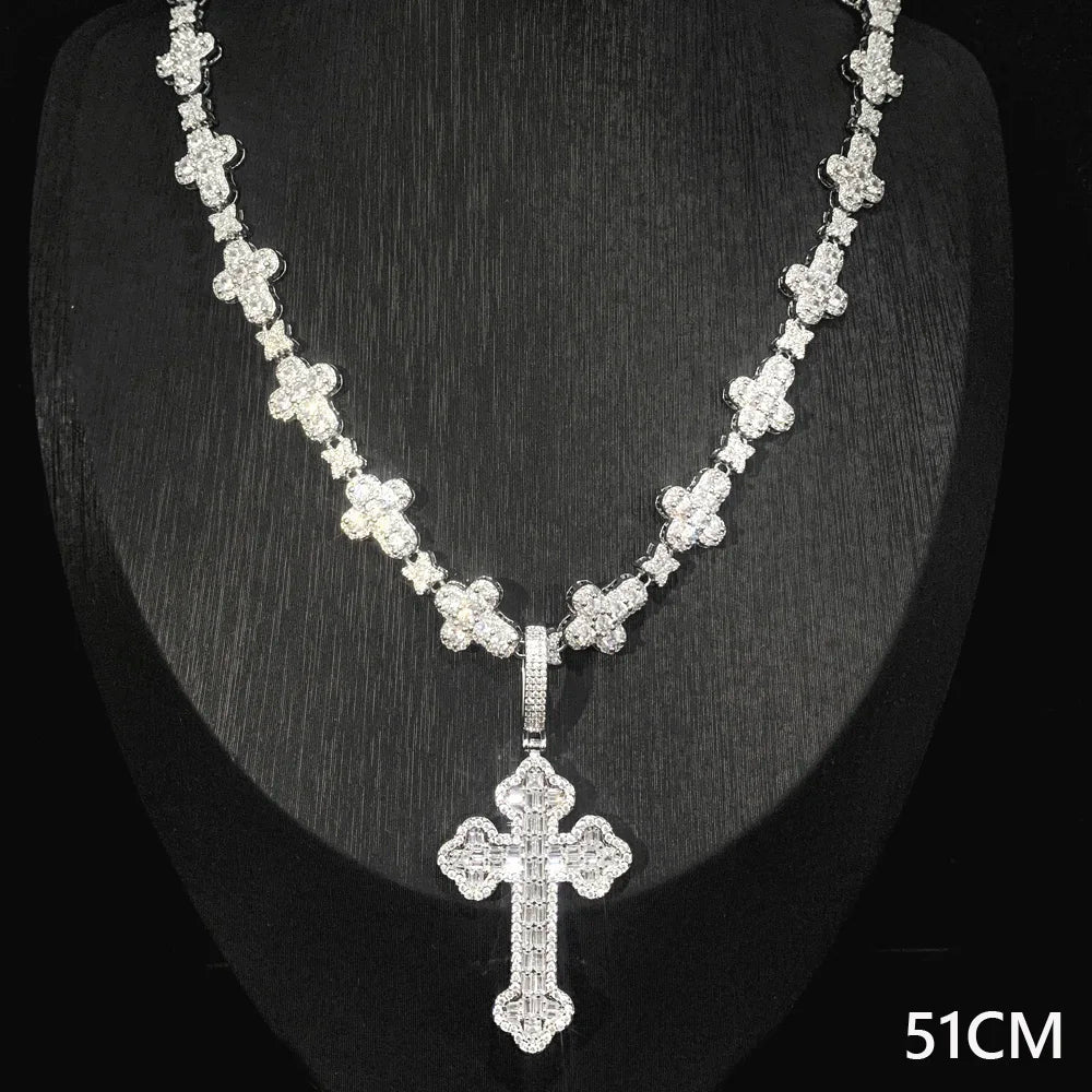 Iced Out Infinity Cross Necklace for Men Women Silver Color Prong Setting Cubic Zirconia Charm Star Link Chain Hip Hop Jewelry