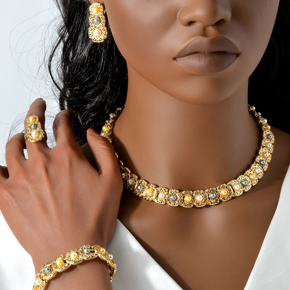Italy Wedding Jewelry Sets For Bridal Gifts 18K Gold Plated Necklace Bracelets Earrings Rings Shiny Zircon Jewellery Set