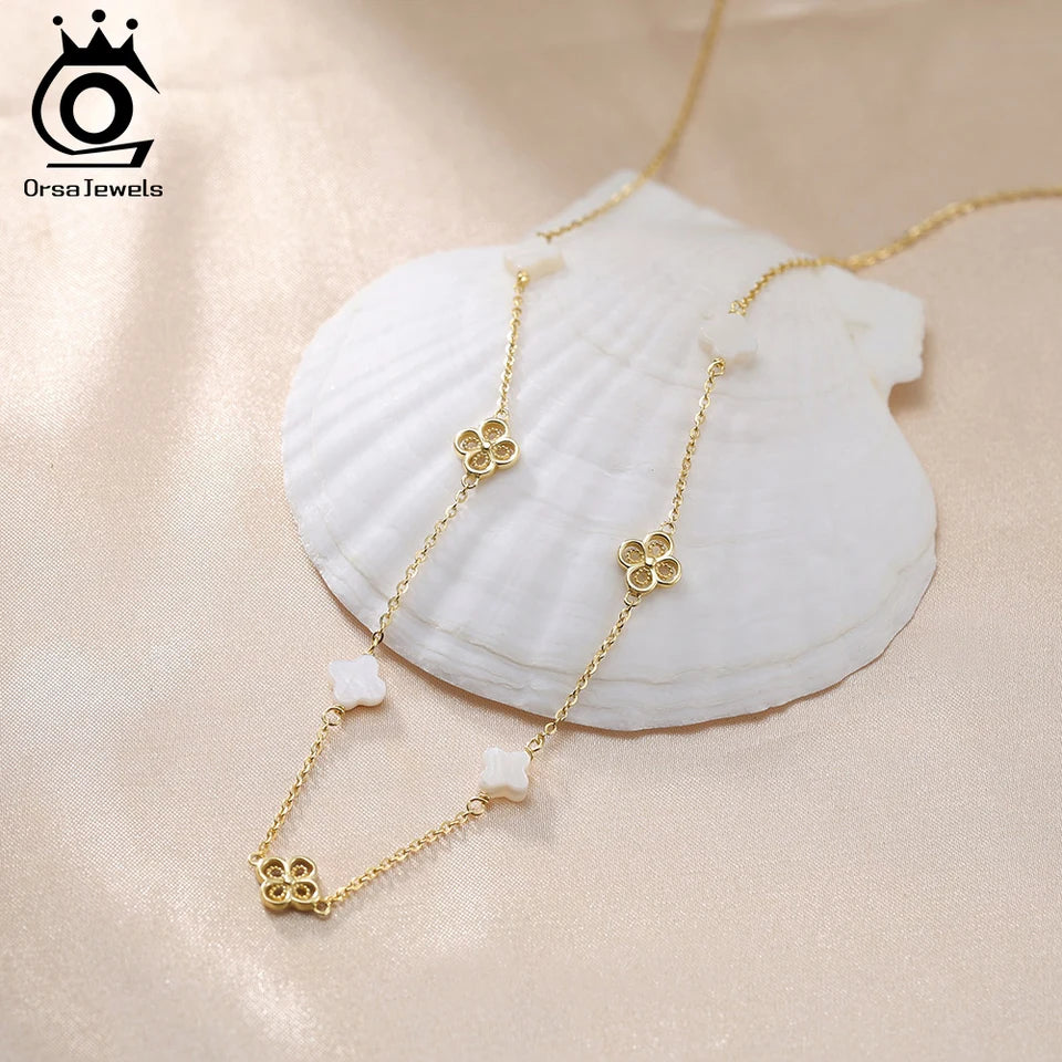 ORSA JEWELS New Women 925 Sterling Silver White Shell Chokers Chain Lucky Four Leaf Clover Necklace Fine Jewelry GMN60
