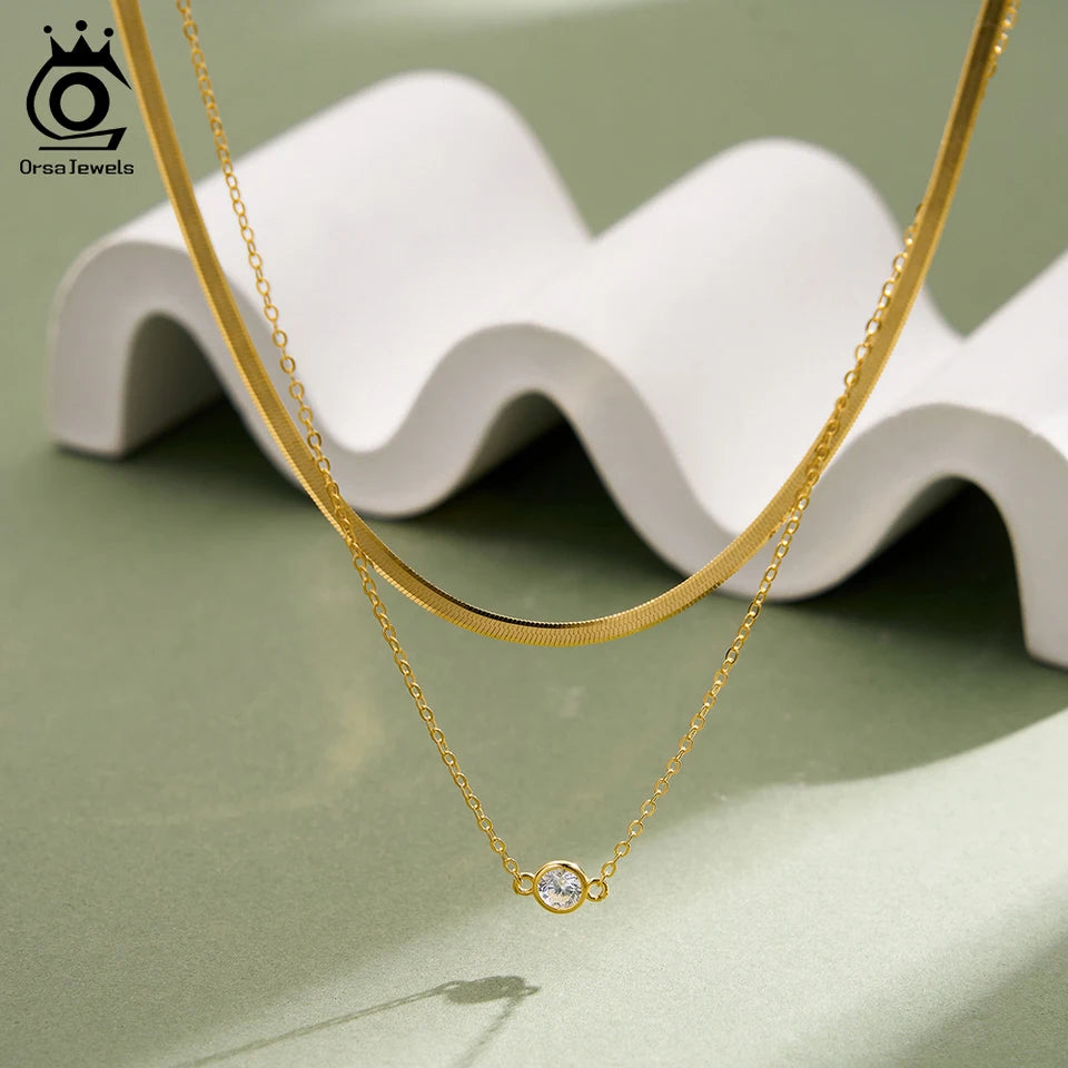 ORSA JEWELS 925 Sterling Silver Pendant CZ Y Shape Necklace Snake Chain Long Tassel Layered Clavicle Chain Party Jewelry BQN44