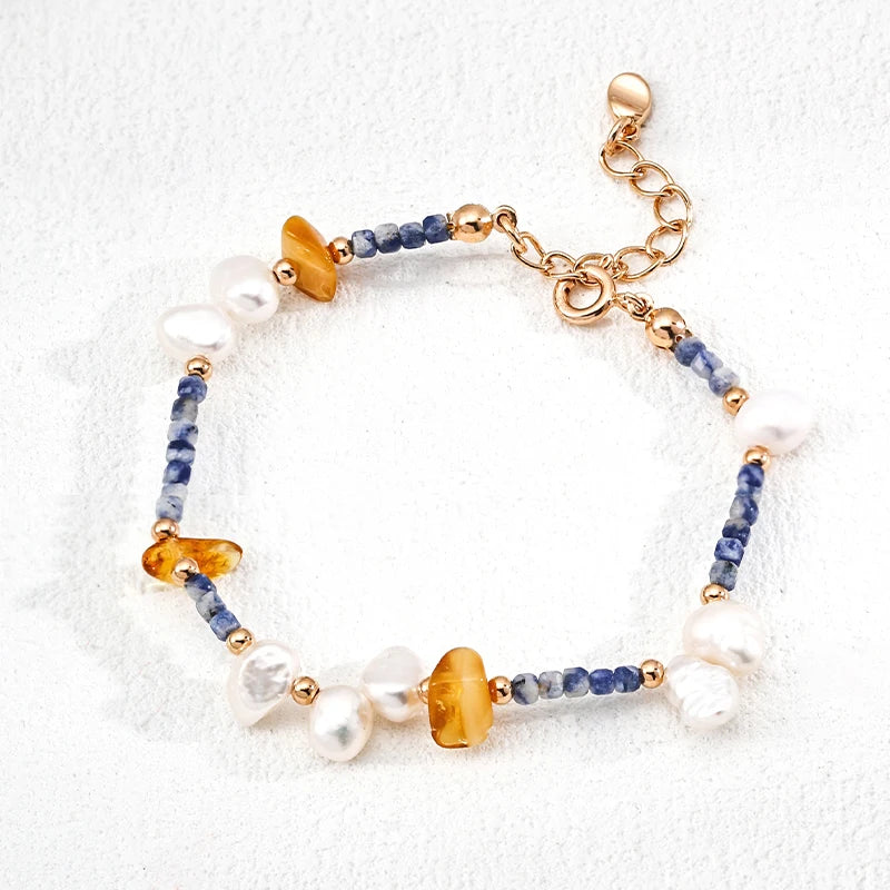 Amber Pearl Blue Stone 925 Silver Beaded Chain Jewelry Sets With Rosary Necklace And Bracelet For Women Dainty Trendy Party Gift