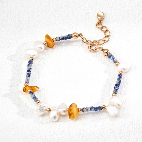Amber Pearl Blue Stone 925 Silver Beaded Chain Jewelry Sets With Rosary Necklace And Bracelet For Women Dainty Trendy Party Gift
