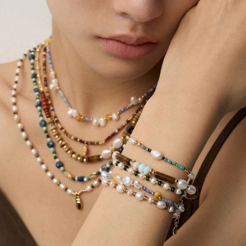 Amber Pearl Blue Stone 925 Silver Beaded Chain Jewelry Sets With Rosary Necklace And Bracelet For Women Dainty Trendy Party Gift
