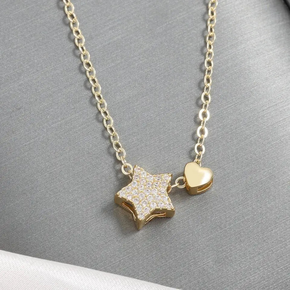 ZAKOL Sparkling Star Heart CZ Pendant Necklace Gold Color Clavicle Chain For Women Daily Wear Jewelry Gift