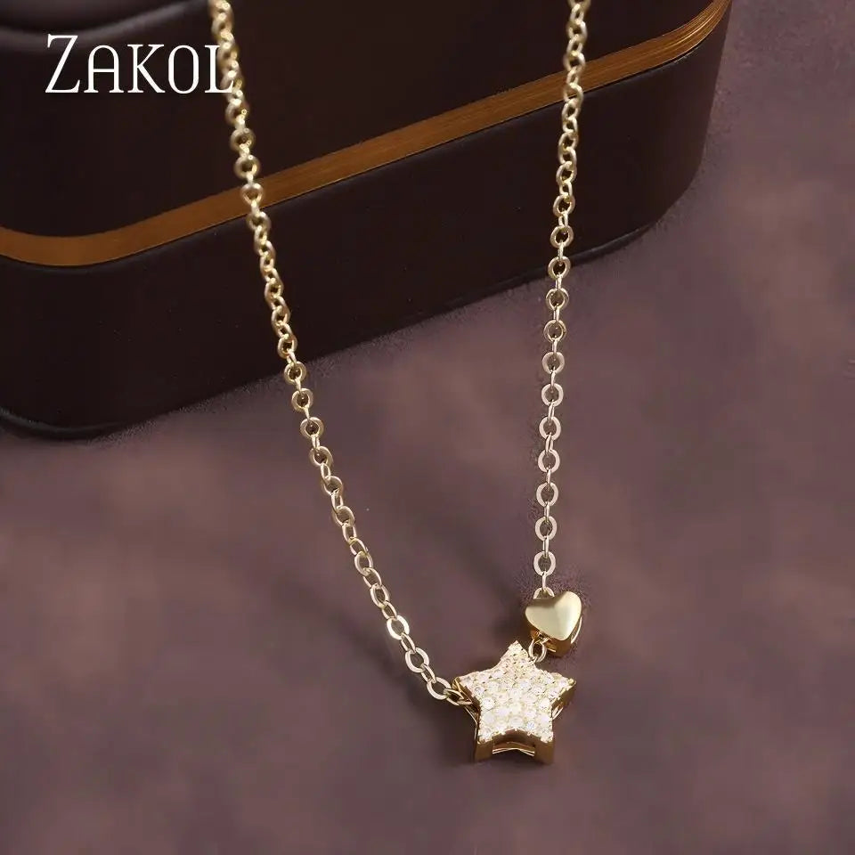 ZAKOL Sparkling Star Heart CZ Pendant Necklace Gold Color Clavicle Chain For Women Daily Wear Jewelry Gift