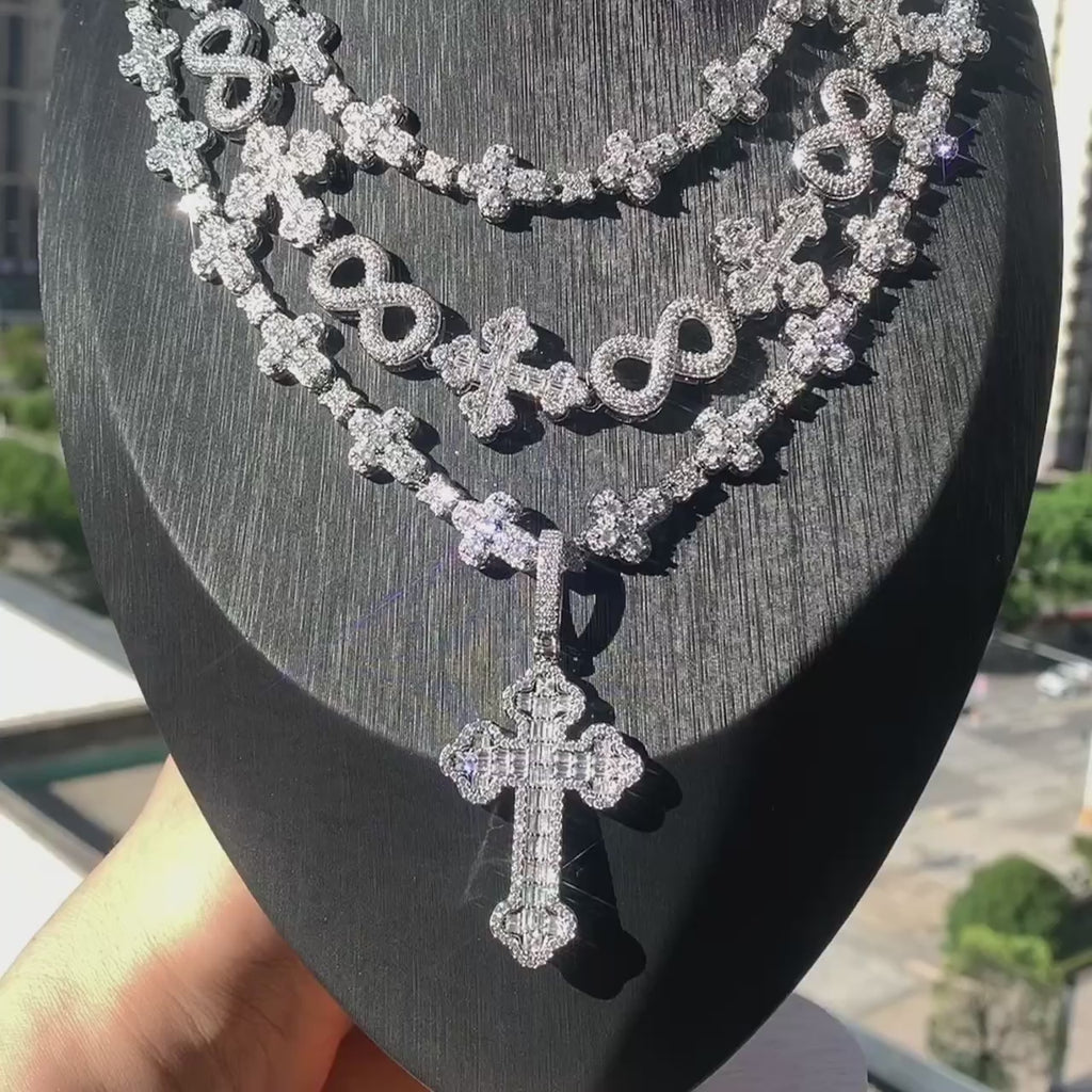 Iced Out Infinity Cross Necklace for Men Women Silver Color Prong Setting Cubic Zirconia Charm Star Link Chain Hip Hop Jewelry